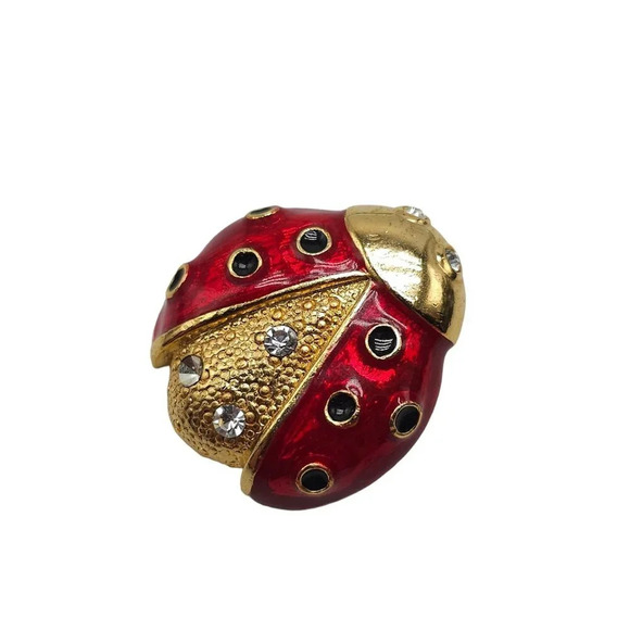 Vintage AAi Ladybug Brooch Pin Red & Gold Enamel Rhinestones 1.5" - Picture 1 of 4